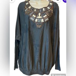 All Saints Spitalfields Hand Embellished Beading Black Soft Cotton Blouse Size 8